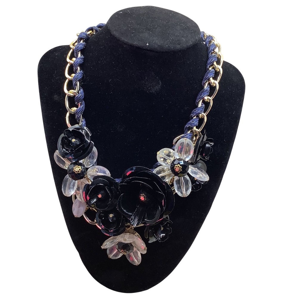 Black Clear Floral Bib Statement Necklace Gold Tone Chain Navy Cord 22 Inch
